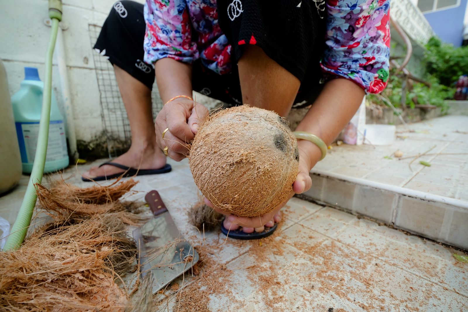 Cleaning the fibrous hairs off the outside of your mature coconut